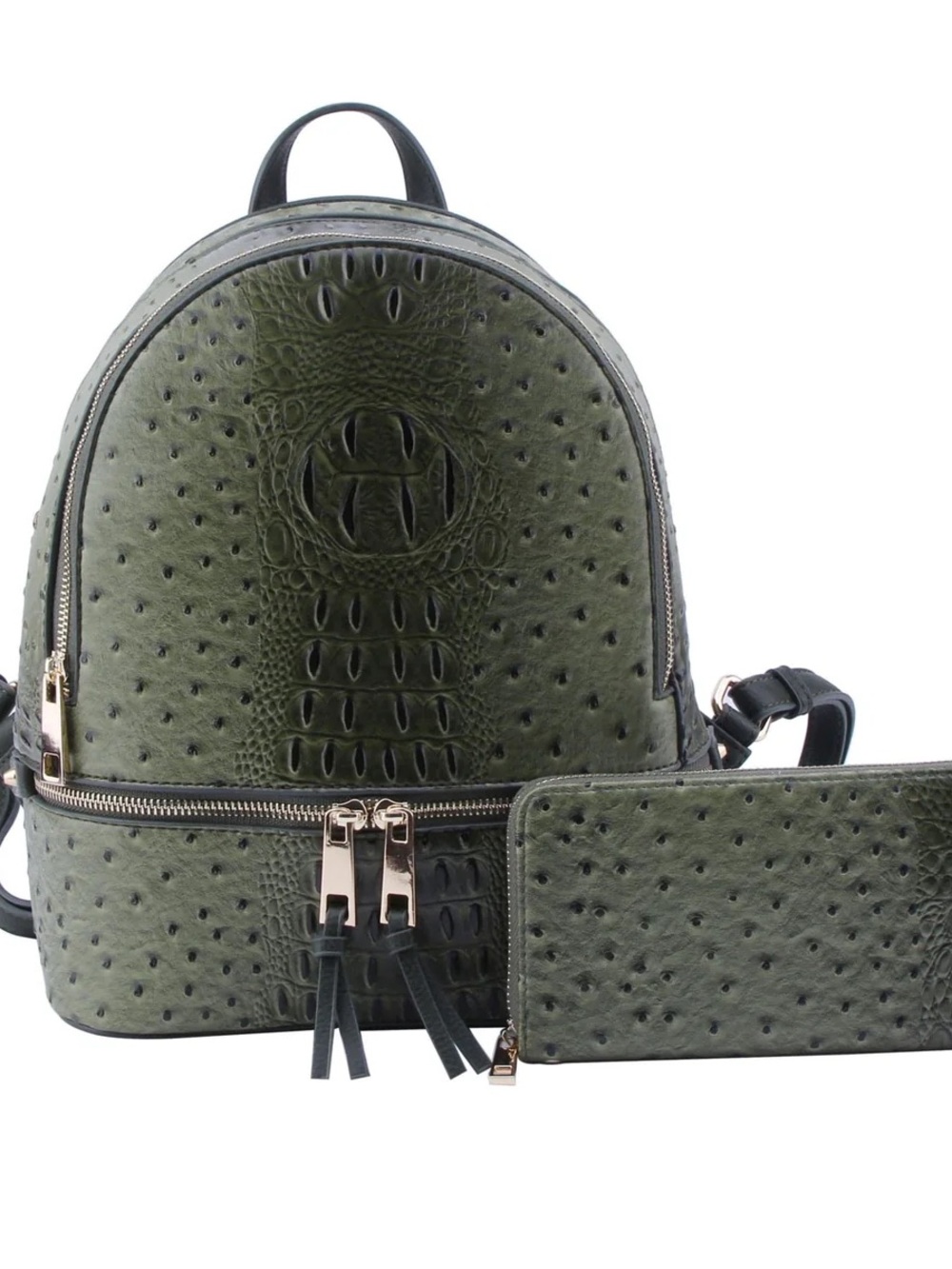 Black Faux-Ostrich Leather Backpack with Matching Wallet - Picture 3 of 3